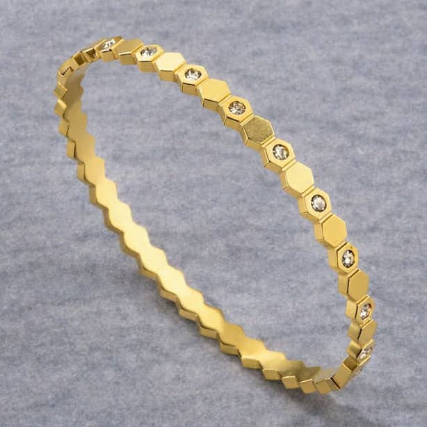 Hexagonal Zirconia Hinged Bangle: Gold